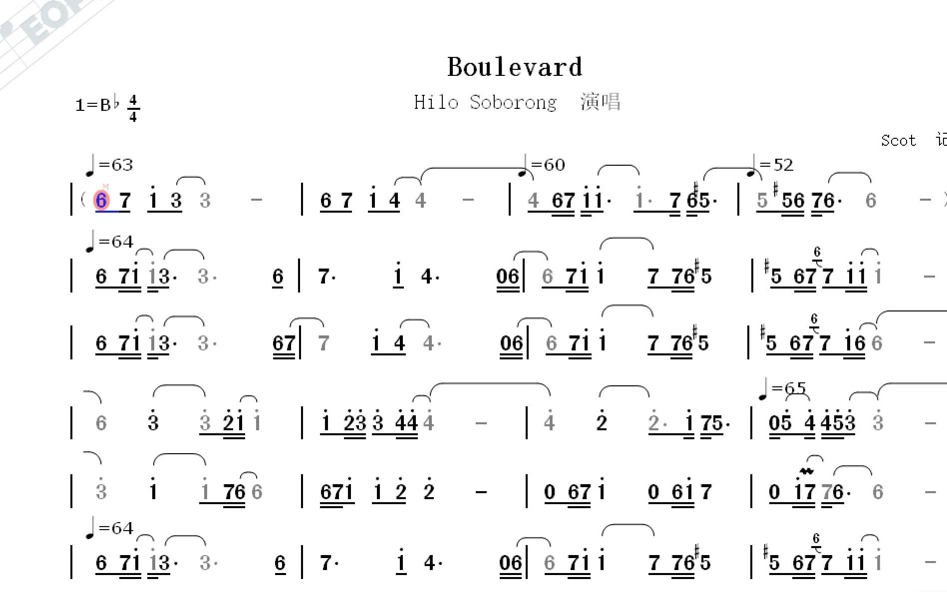 [图]【欧美金曲】Boulevard--Hilo Soborong演唱--动态简谱