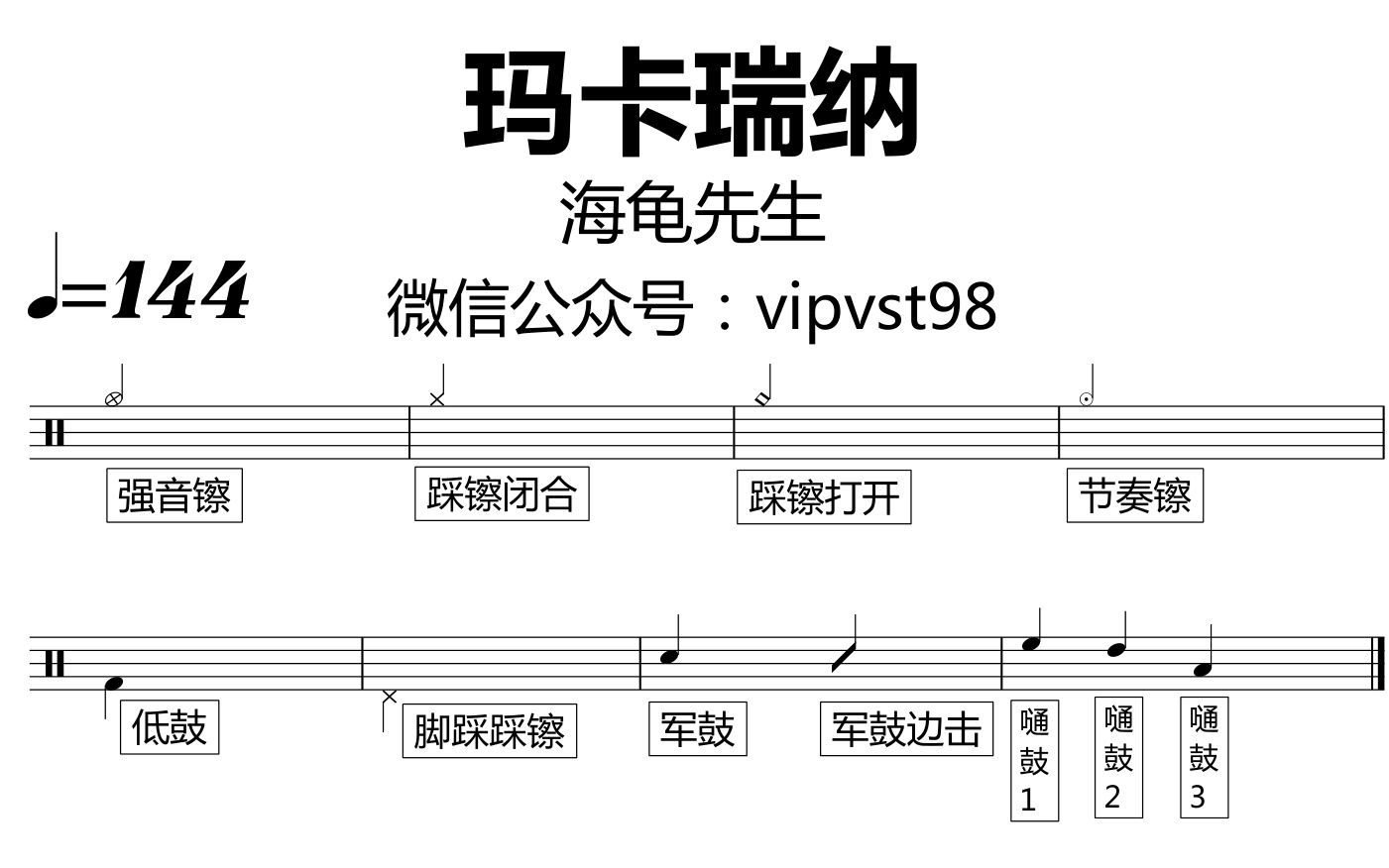 【金牌乐手】海龟先生 - 玛卡瑞纳 鼓谱 动态鼓谱 drum score