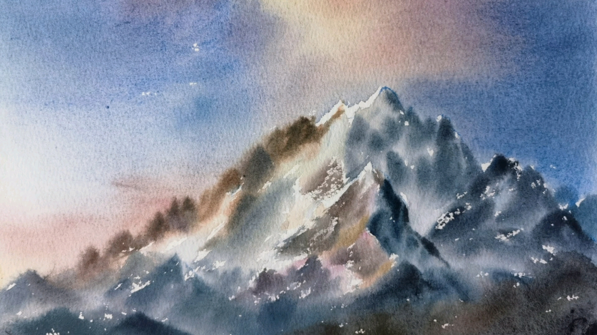 水彩小风景 雪山