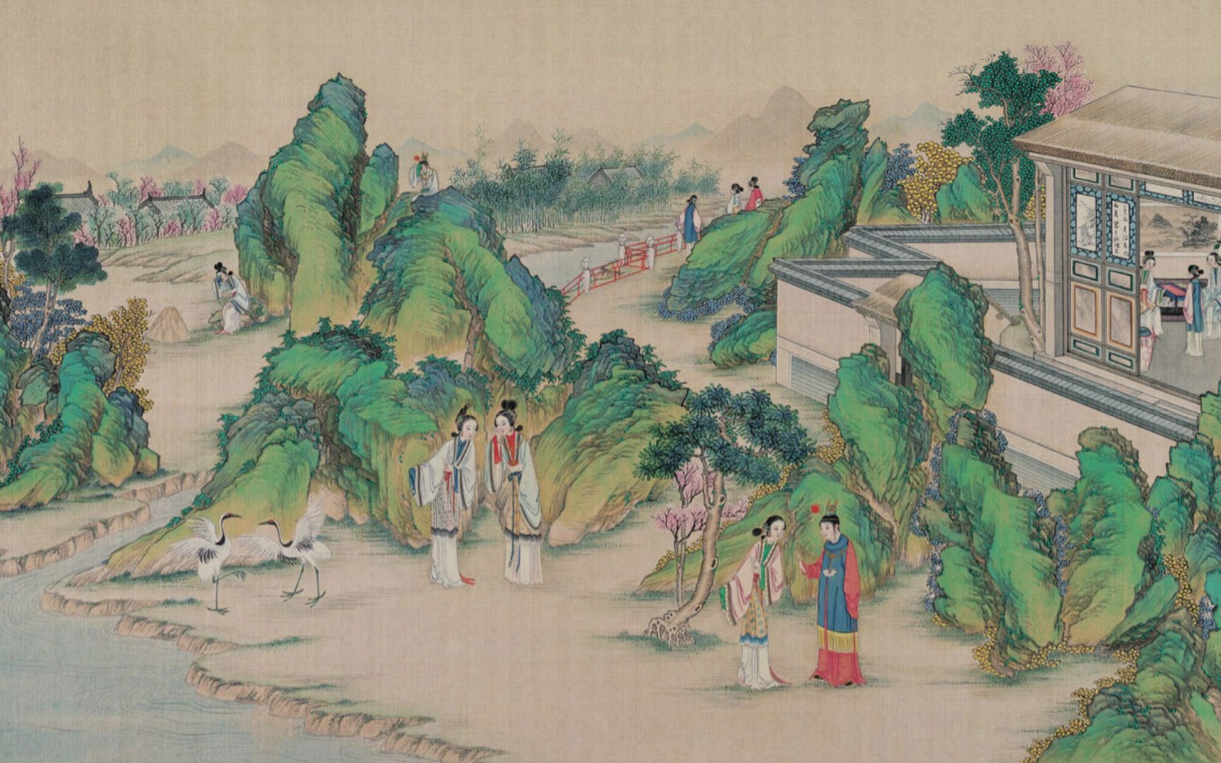 孙温绘全本红楼梦第78画埋香冢黛玉泣残红花园中暇游观鹤舞