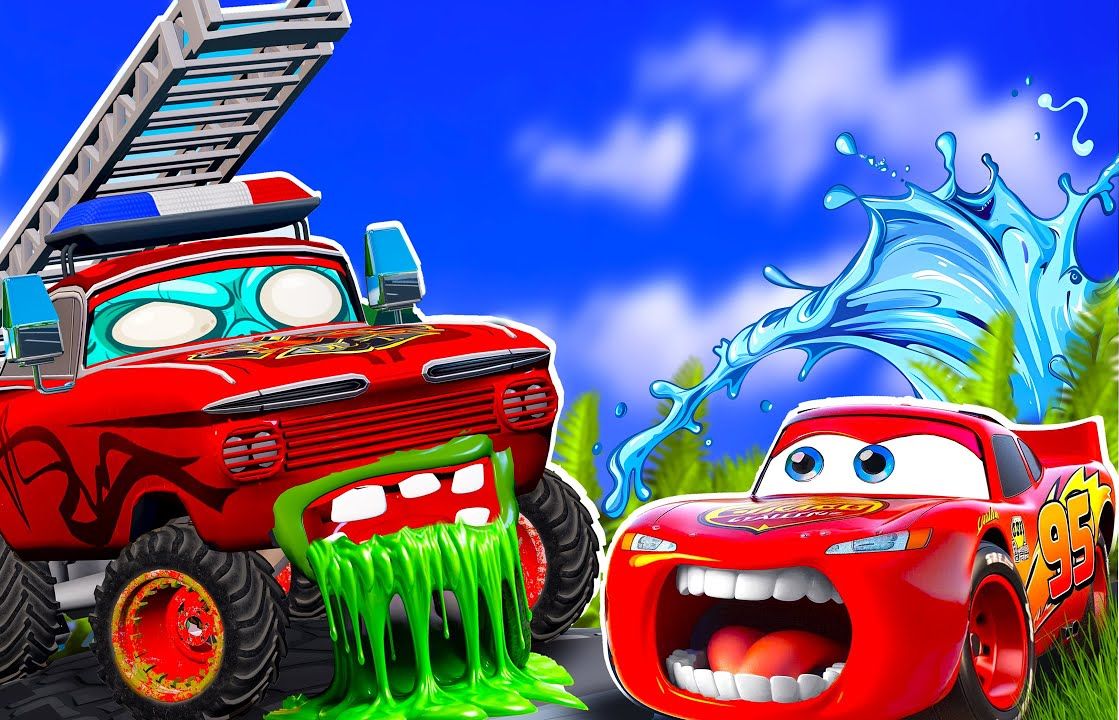 大卡车载着警车躲避大脚怪兽车袭击!