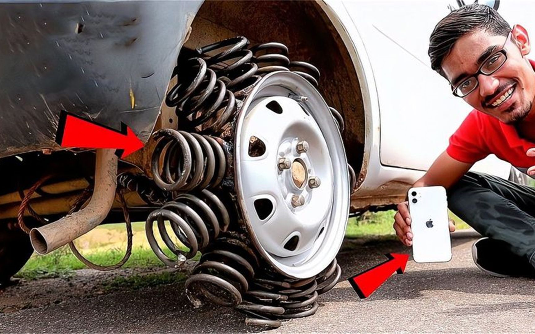 国外小伙制作"弹簧轮胎",不用打气,开起来看看效果怎么样