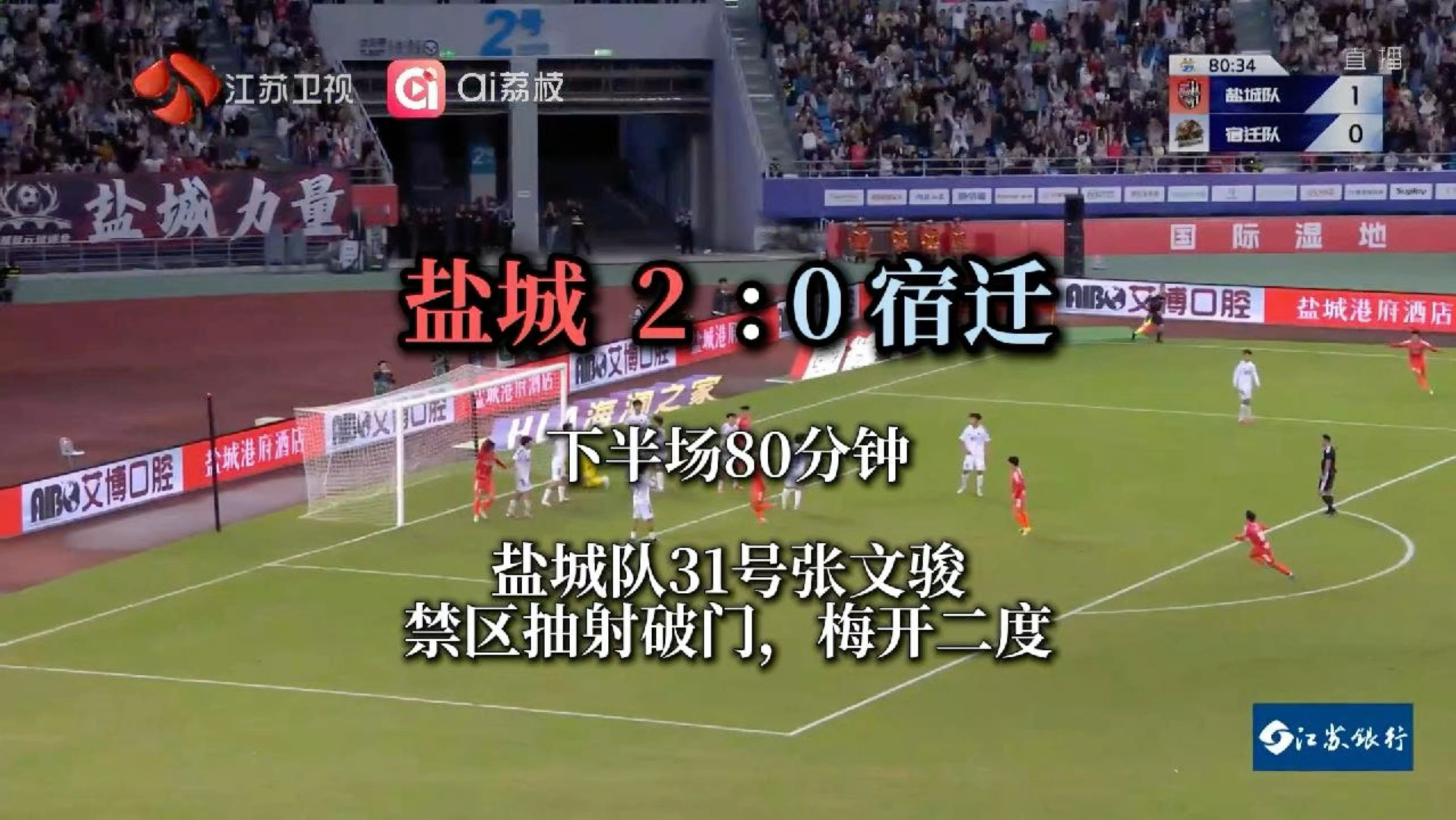 #苏超盐城vs宿迁  下半场进行到第80分钟，盐城队边线大力手抛球，31号张文骏禁区抽射破门，梅开二度，将比分改写为盐城队2:0宿迁队。