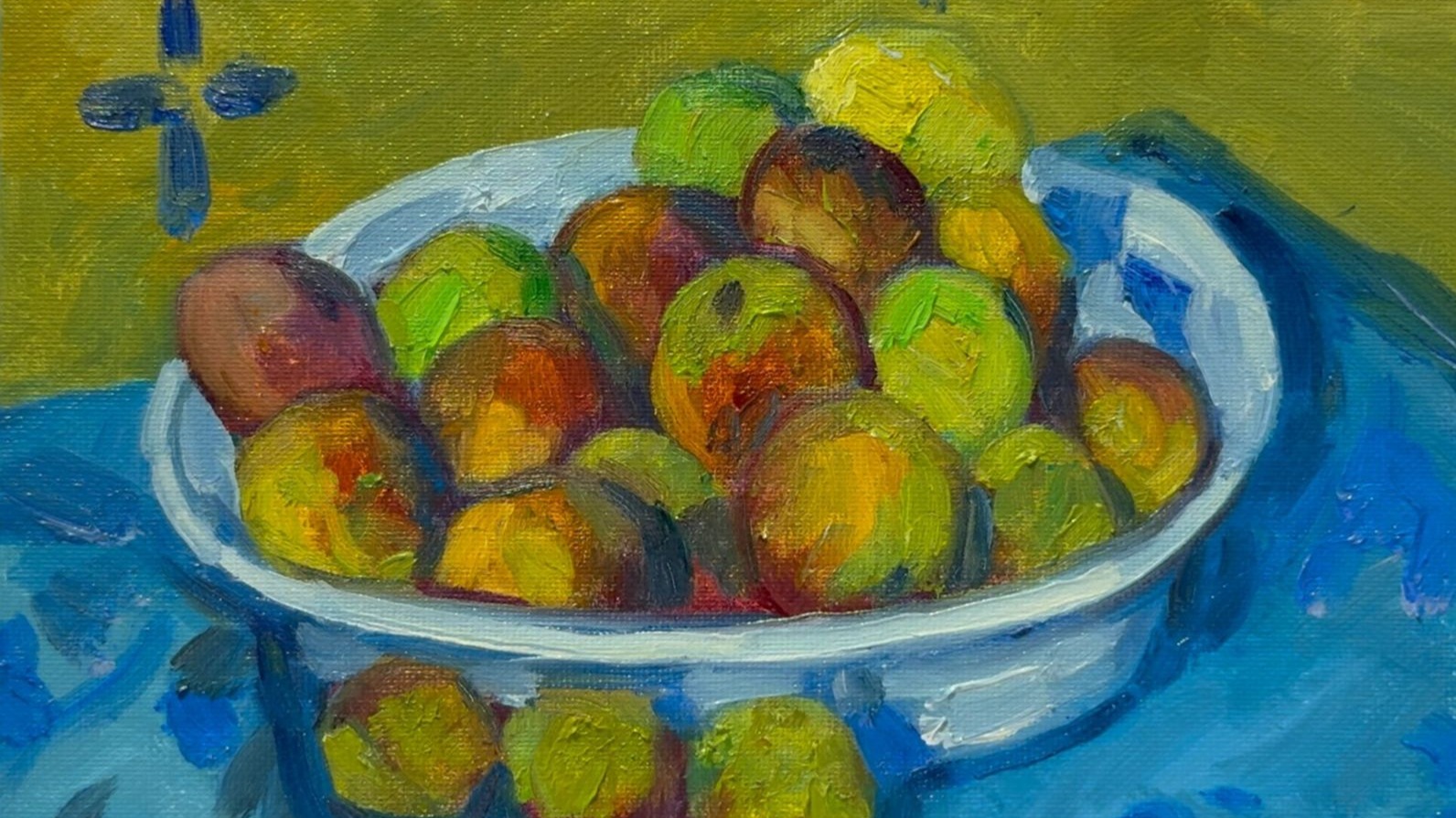 盘子上的20个水果静物的绘画过程,临摹塞尚的印象派风格油画作品