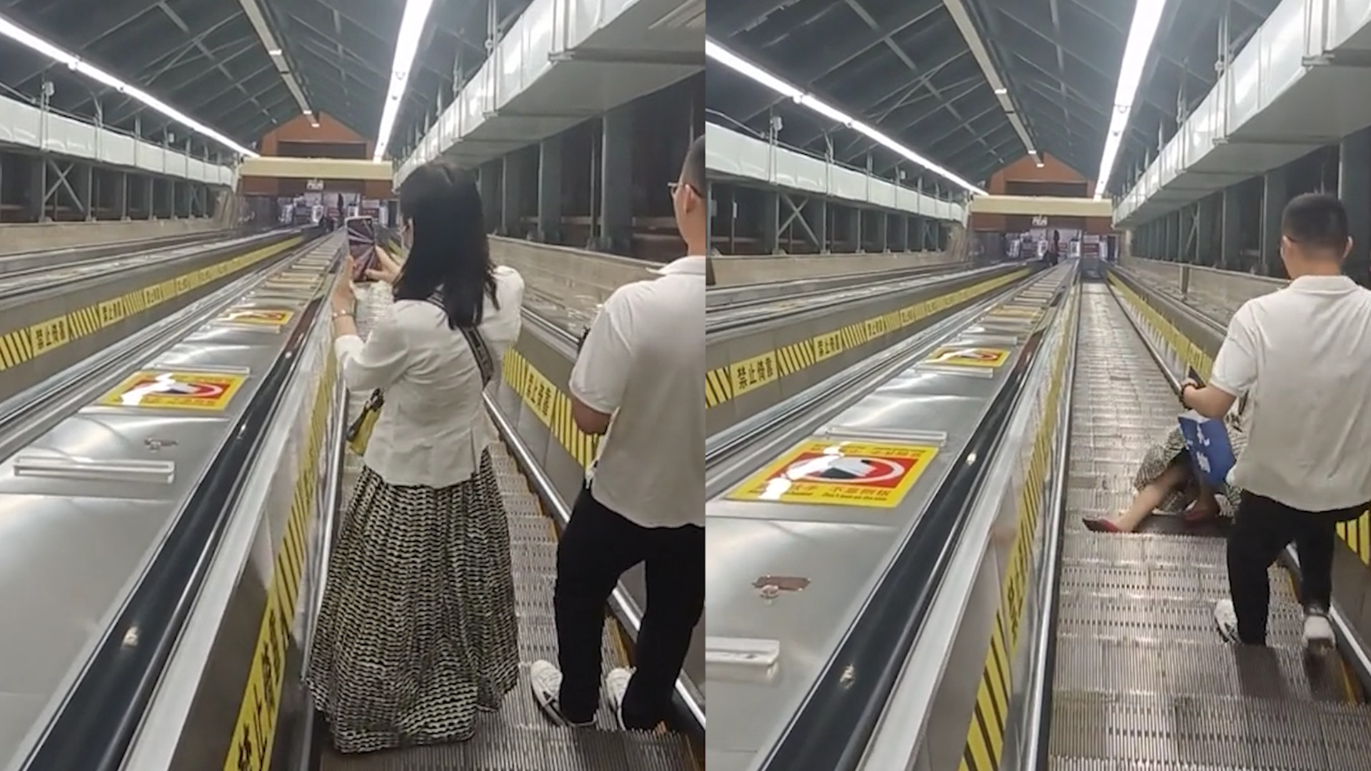 女子乘坐网红电梯只顾拍视频,转身时不慎踩空,从电梯上滚落数米