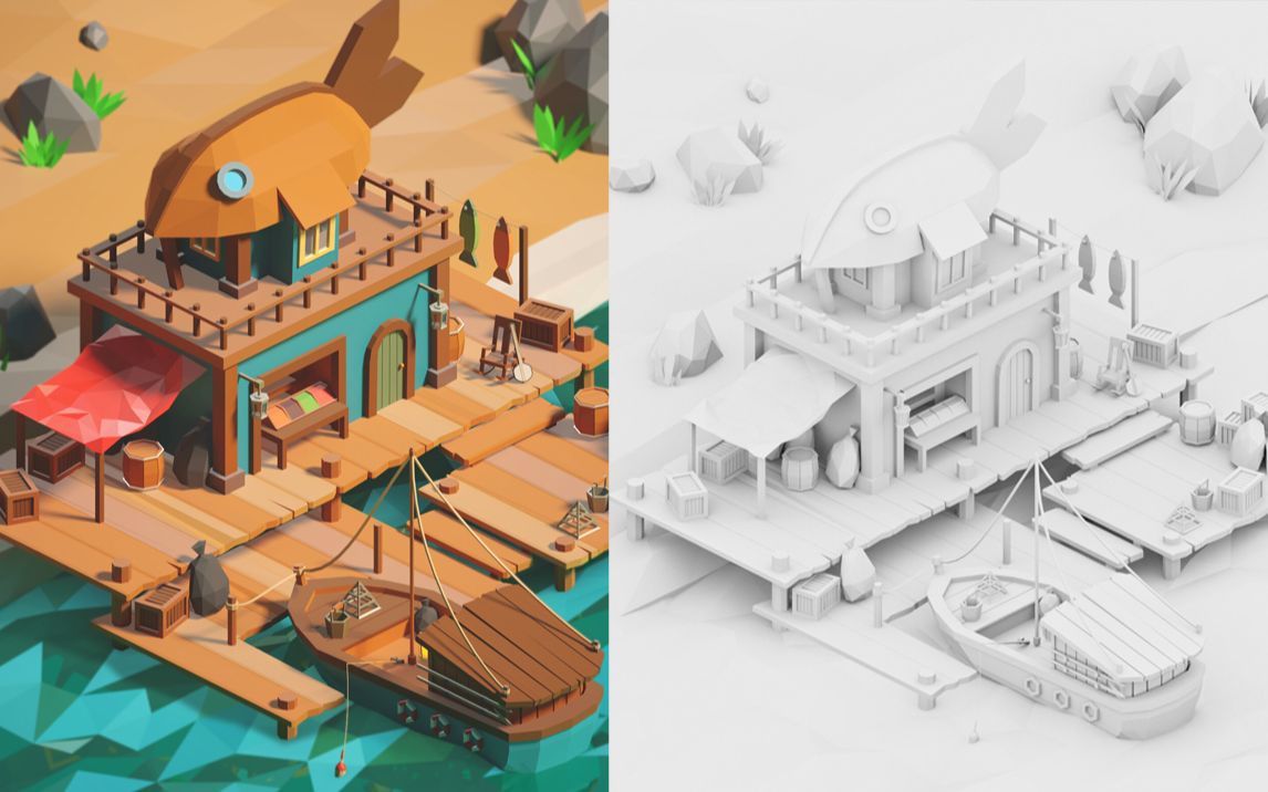 【3dmax建模】卡通风格化海边小房屋模型制作,适合新手小伙伴的场景