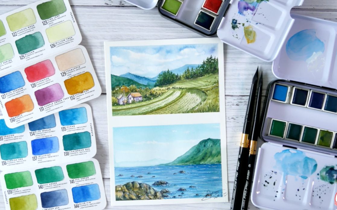 水彩教程用prima地貌盘画的稻田风光和海洋盘画的海面风景听着轻快的