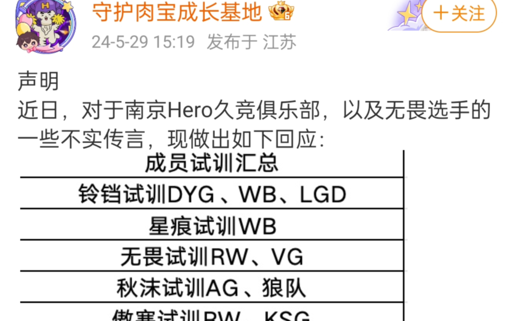 Hero发布声明 针对南京Hero久竞俱乐部,以及无畏选手的一些不实传言,做出回应.放出成员试训情况.电子竞技热门视频