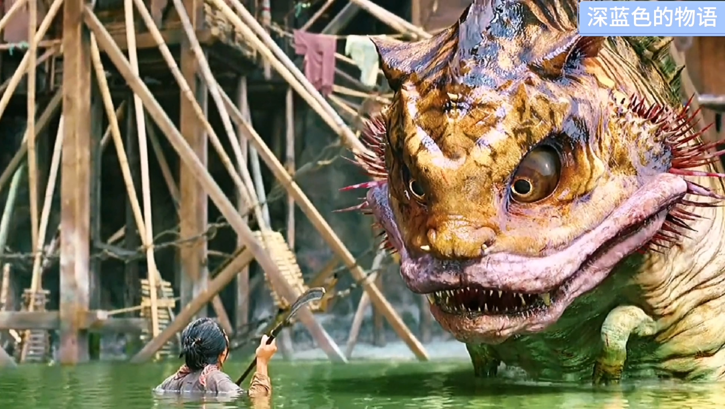 鱼妖一口吞下小女孩,母亲救女心切,立刻跳下去跟鱼妖拼命.