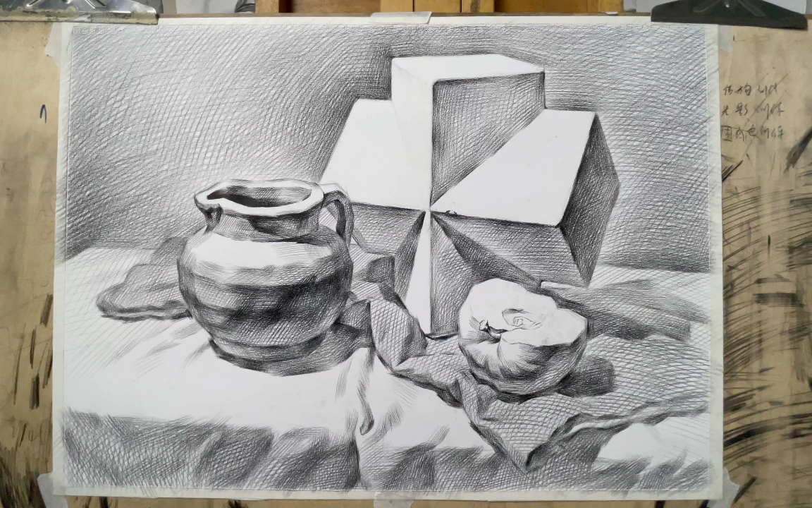 一看就会的揉擦方法,无删减静物素描揉擦步骤,石膏几何体加陶罐揉擦