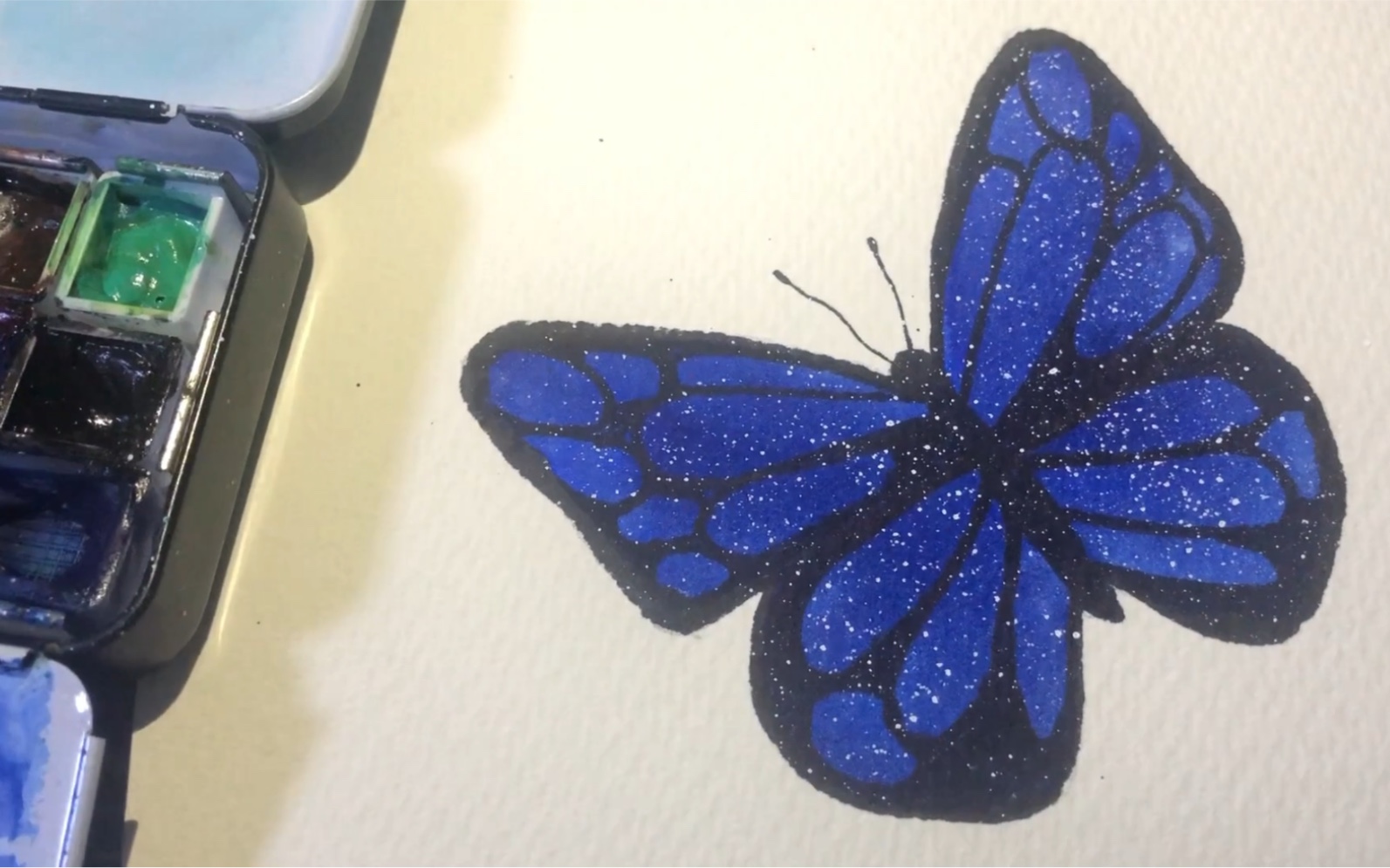 【他君水彩】一个色,一支笔画星空蝴蝶,水彩过程