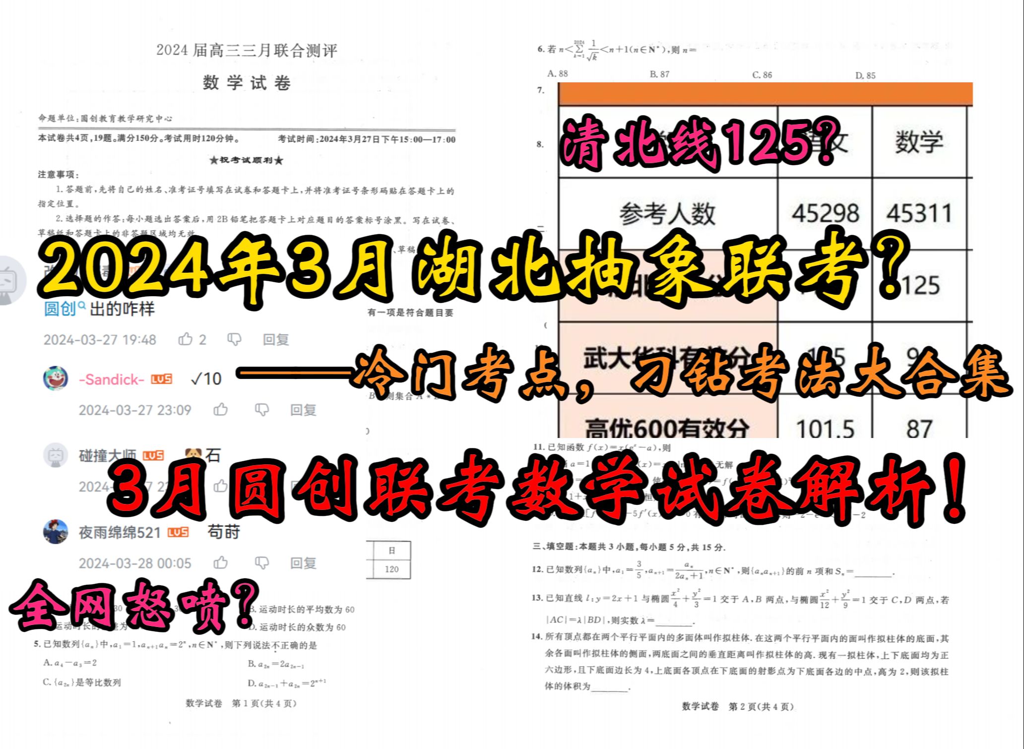 【2024湖北圆创3月联考】清北线125?全网怒喷的抽象联考——2024湖北圆创联考数学试卷解析!哔哩哔哩bilibili