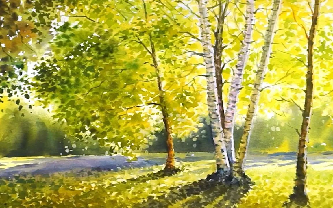 黄色秋天的白桦林水彩画