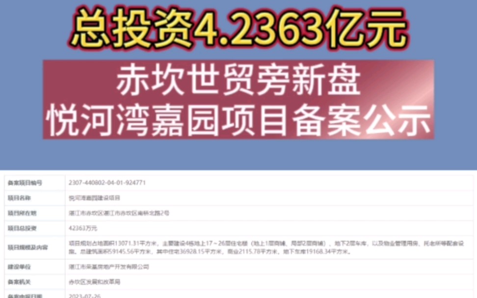 总投资4.2363亿元!赤坎世贸旁新盘:悦河湾嘉园项目备案公示#湛江#新房#房产#荣基#湛江房产网哔哩哔哩bilibili