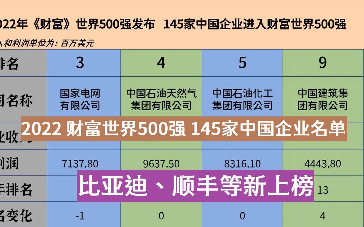 2022年财富世界500强145家中国企业名单,京东进前50,比亚迪、顺丰等新上榜哔哩哔哩bilibili