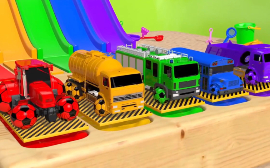 益智玩具动画 工程车玩彩虹滑梯 染成不同的颜色