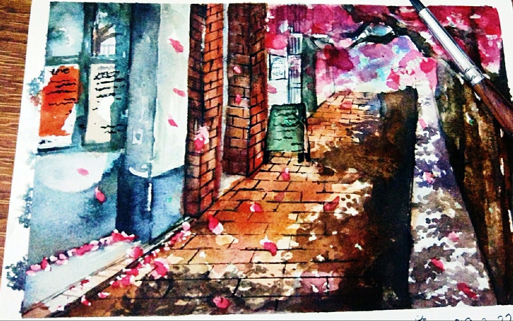 水彩风景画樱花 高中生寒假自习水彩 慎点