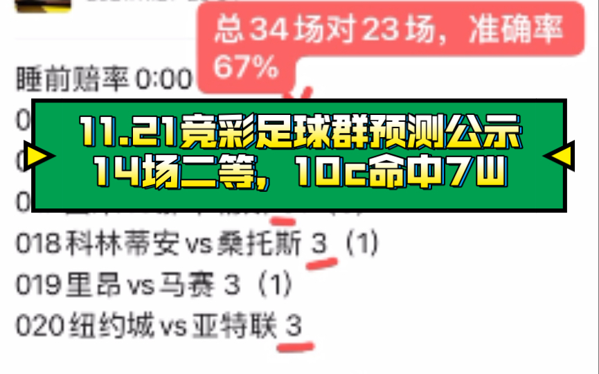 11.21竞彩足球14场获二等,10C命中7W,群预测公示!哔哩哔哩bilibili