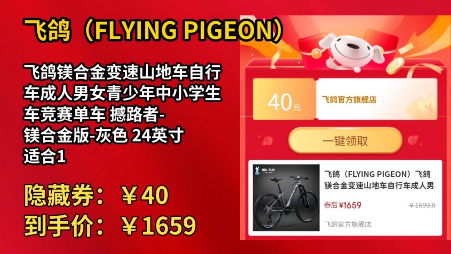 [30天新低]飞鸽(FLYING PIGEON)飞鸽镁合金变速山地车自行车成人男女青少年中小学生车竞赛单车 撼路者镁合金版灰色 24英寸 适合145哔哩哔哩...