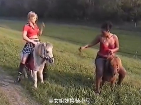 国外美女和闺蜜两匹矮马换着骑