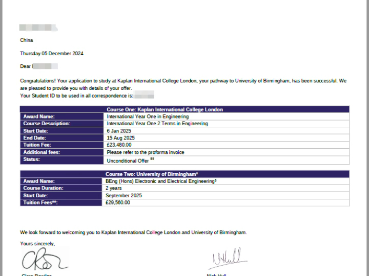全程0中介费留学申请英国伯明翰大学国际大一工程方向无条件录取,衔接电子电气工程专业,25.1月入学.0中介费申请包括学校申请和签证申请,无押金...
