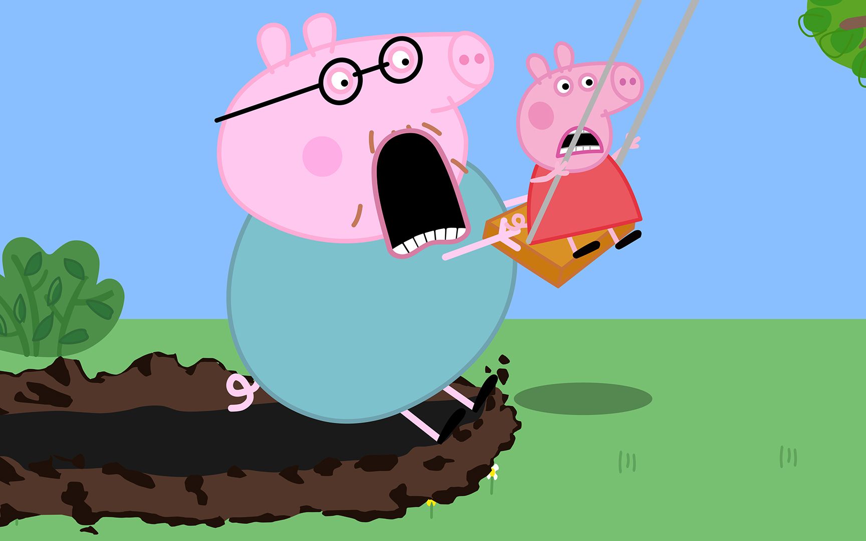 小猪佩奇和猪爸爸一起荡秋千