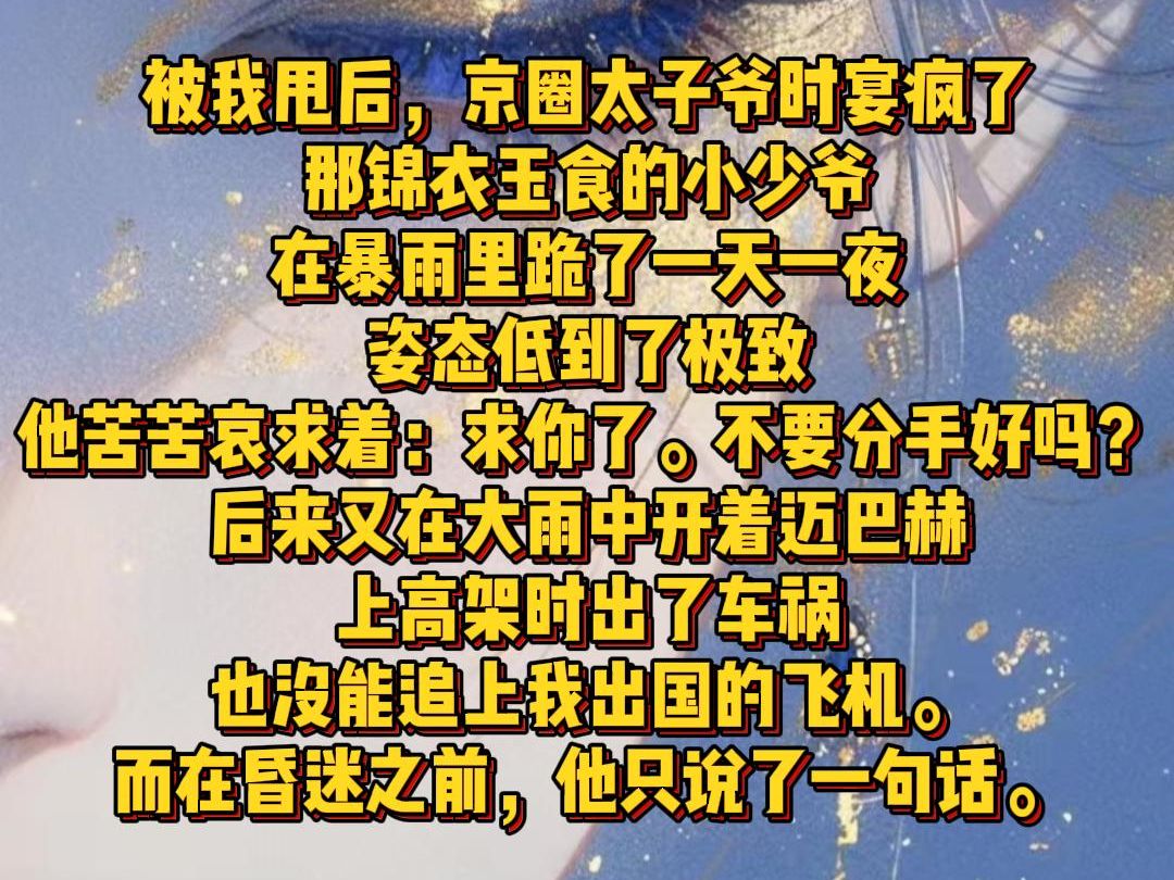 【白苏计谋】被我甩后,京圈太子爷时宴疯了 那锦衣玉食的小少爷 在暴雨里跪了一天一夜 姿态低到了极致 他苦苦哀求着:求你了.不要分手好吗? 后来又在...