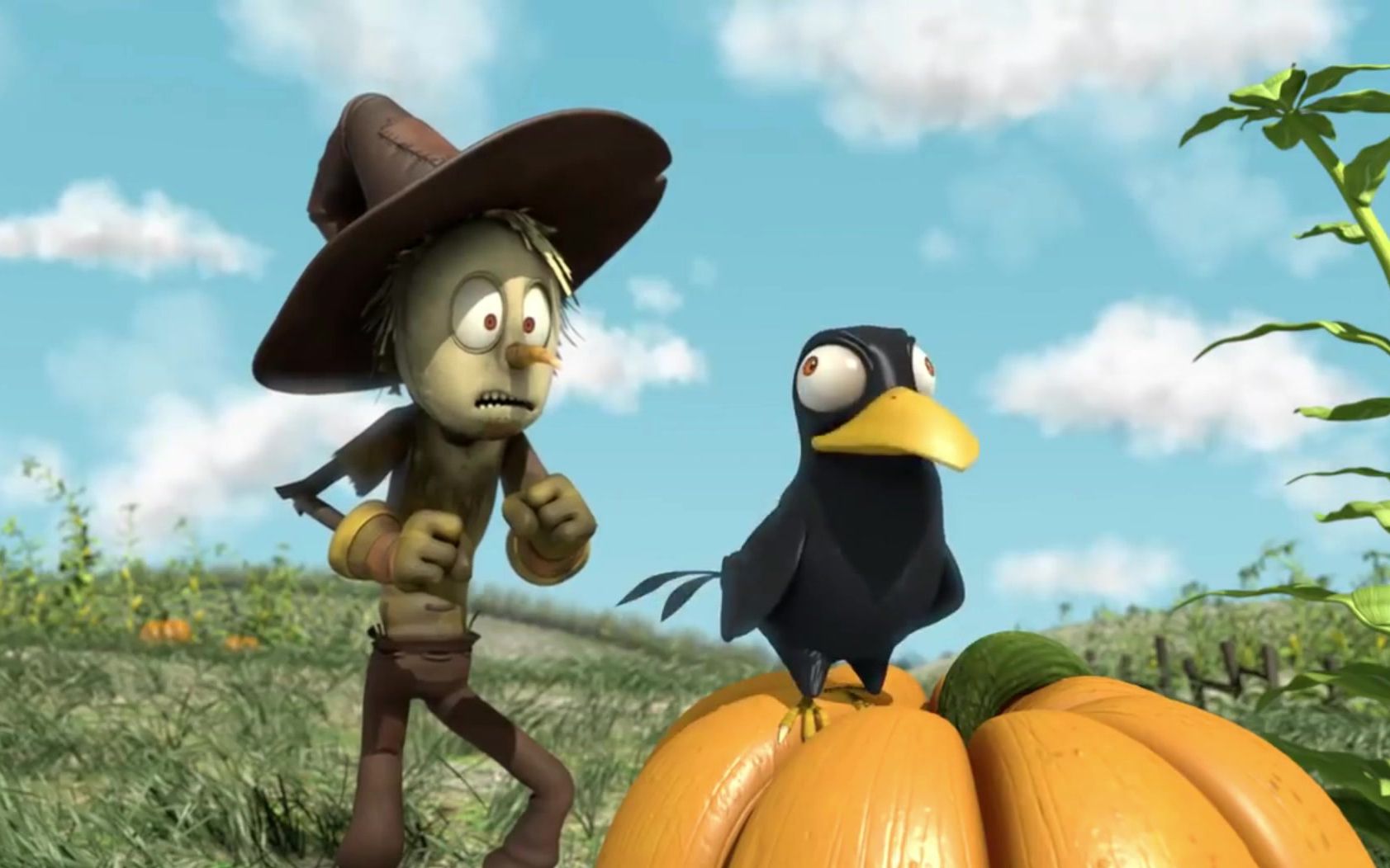 稻草人为了赶跑偷食的乌鸦,不小心弄掉了裤子,乌鸦瞬间被吓得逃跑