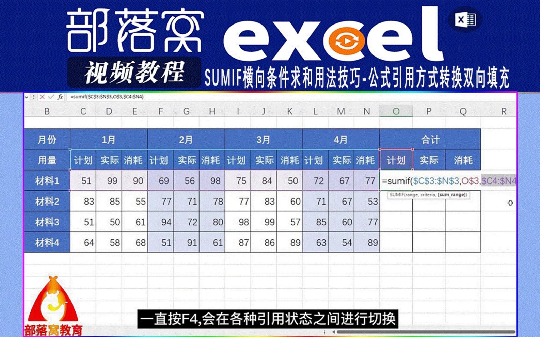 excelSumif横向条件求和用法技巧视频:公式引用方式转换双向填充哔哩哔哩bilibili