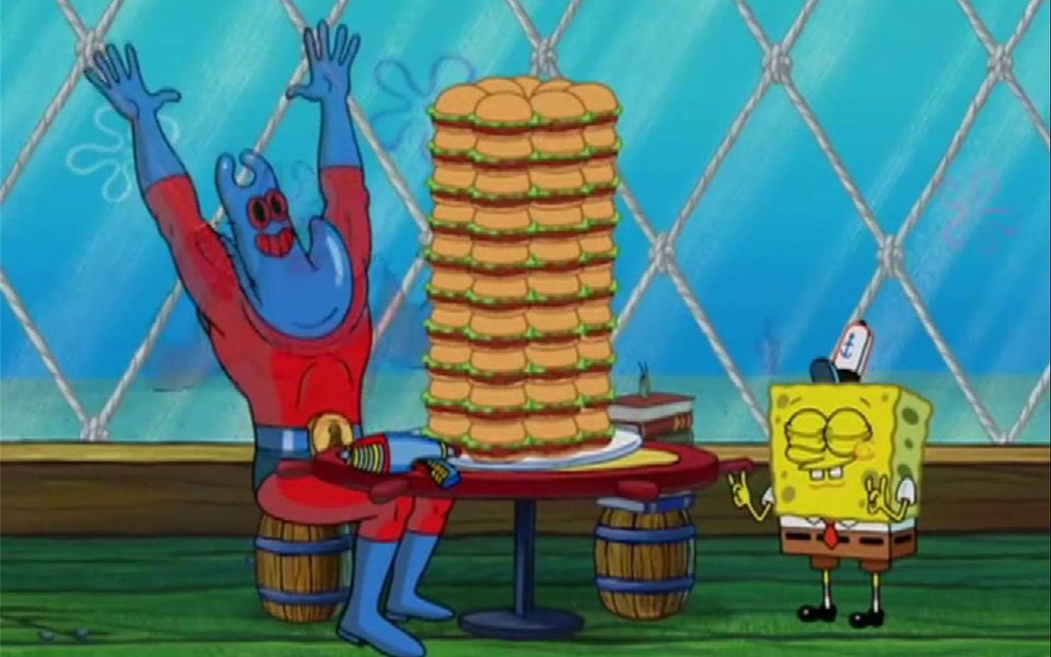海绵宝宝做了上百个蟹黄堡,魔魟吃太多变成大胖子了