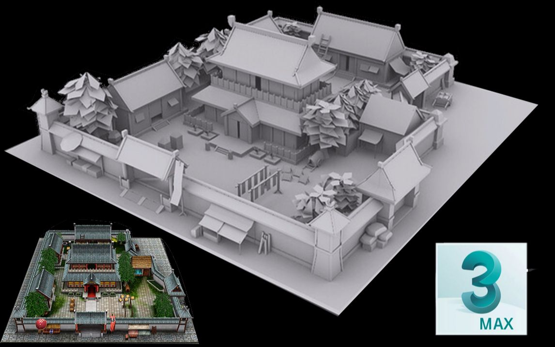 [图]【3dmax建模】古代建筑场景模型制作，四合院基础模型布线案例教程