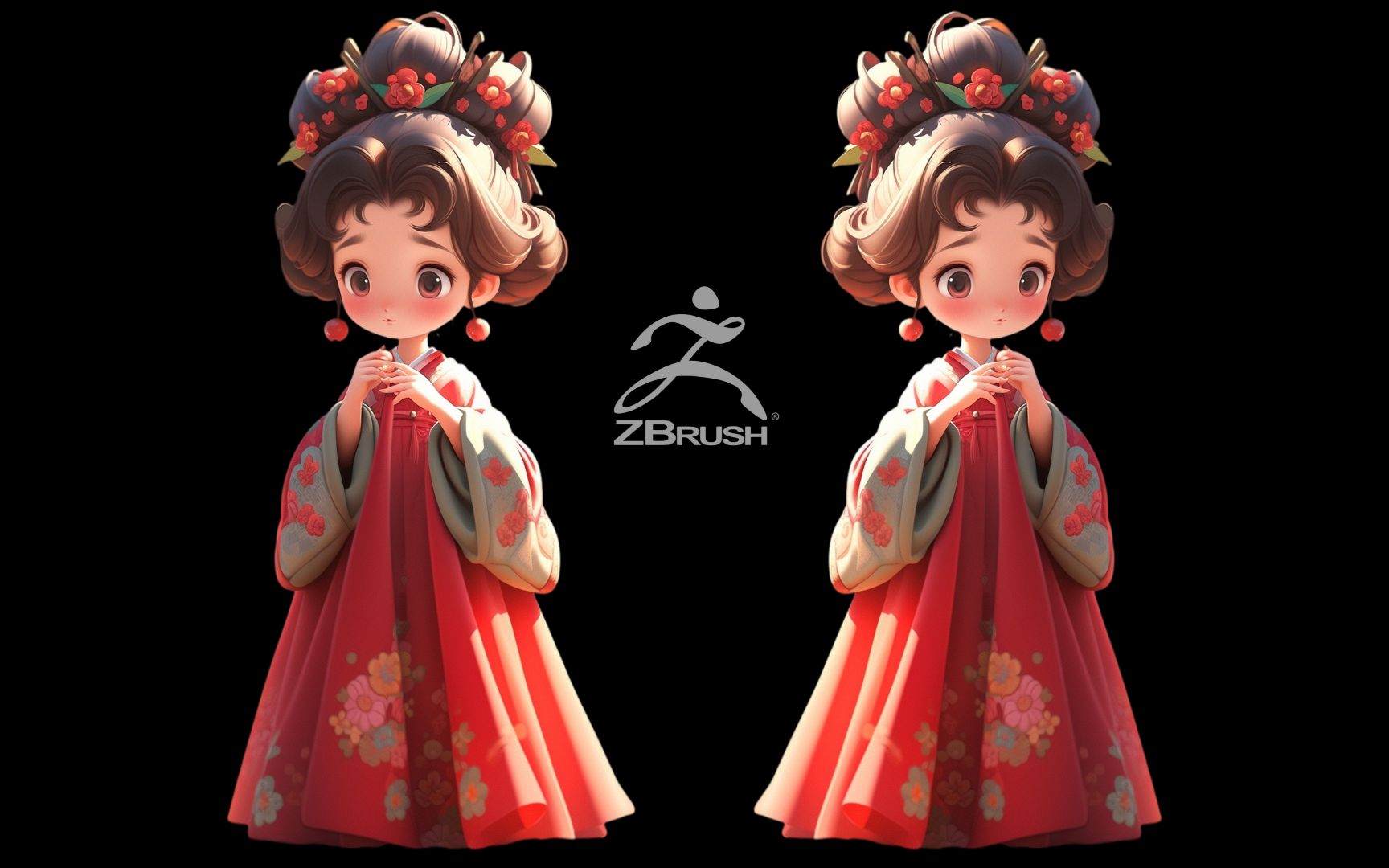 [图]【Zbrush雕刻】Q版古风娃娃手办模型雕刻，zbrush人物角色建模渲染全流程