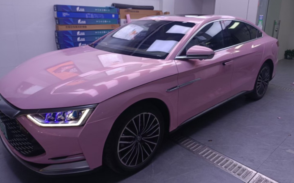 大男孩~少女心~比亚迪汉改装改色~特调樱花粉~领得车膜~#改色膜 #车衣