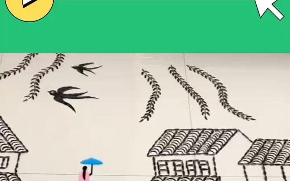 父女俩用瓜子摆春天,江南风景美如画.