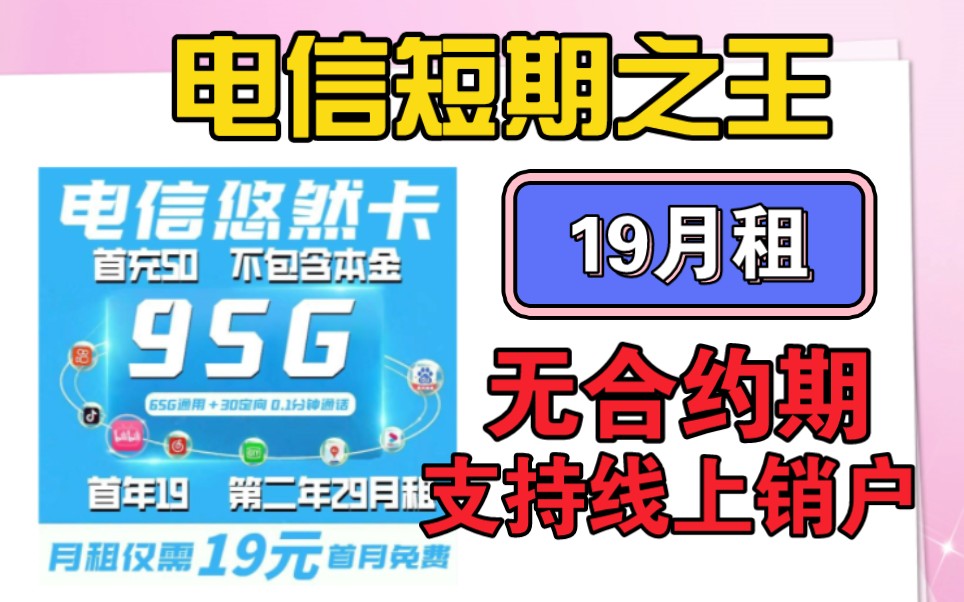 电信短期之王性价比最高19月租95G流量还可以打电话,无合约期 支持线上销户随时可注销哔哩哔哩bilibili