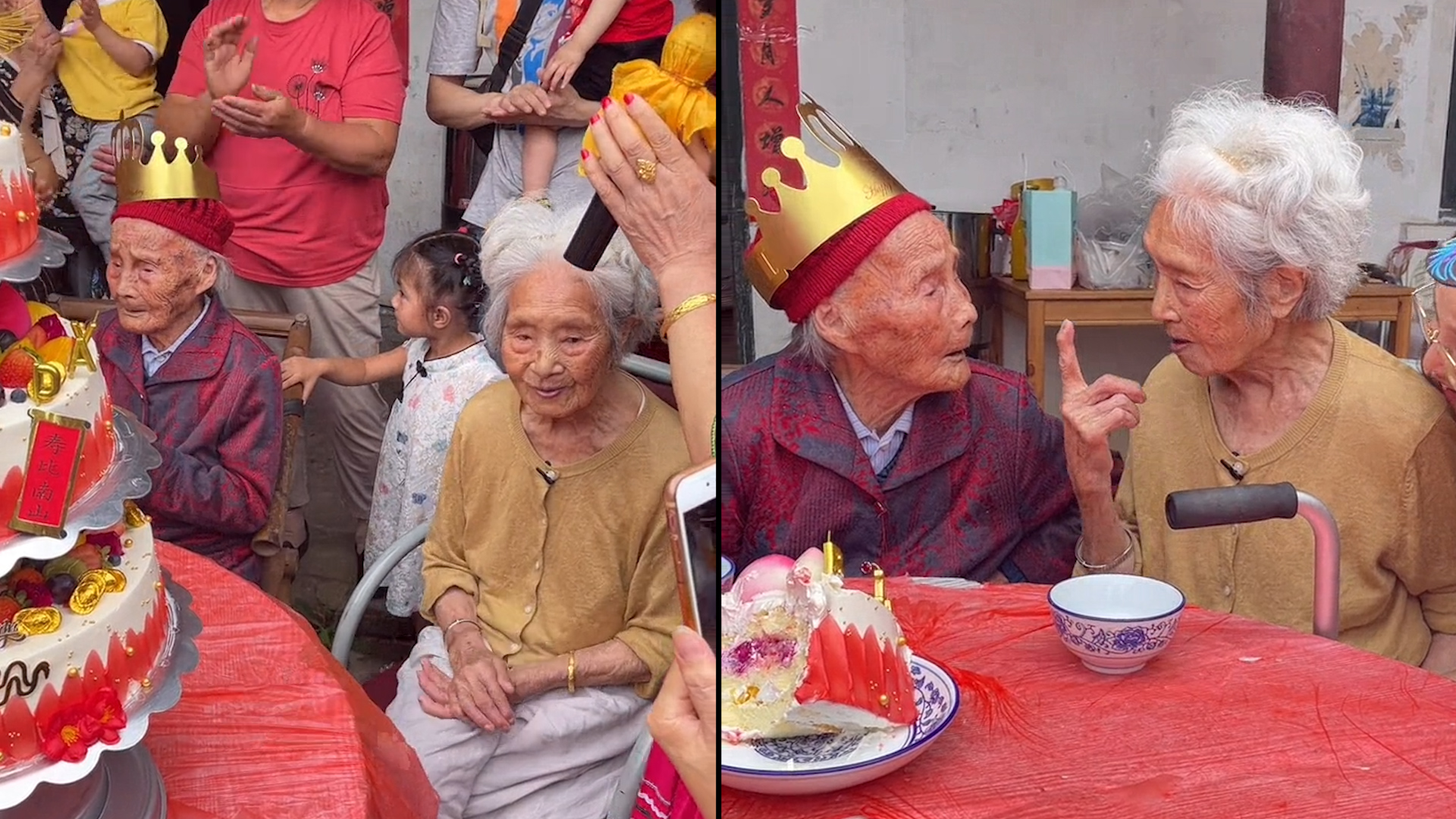 [图]百岁奶奶参加121岁老人生日宴,见面打招呼相当硬核:你一百几哦?