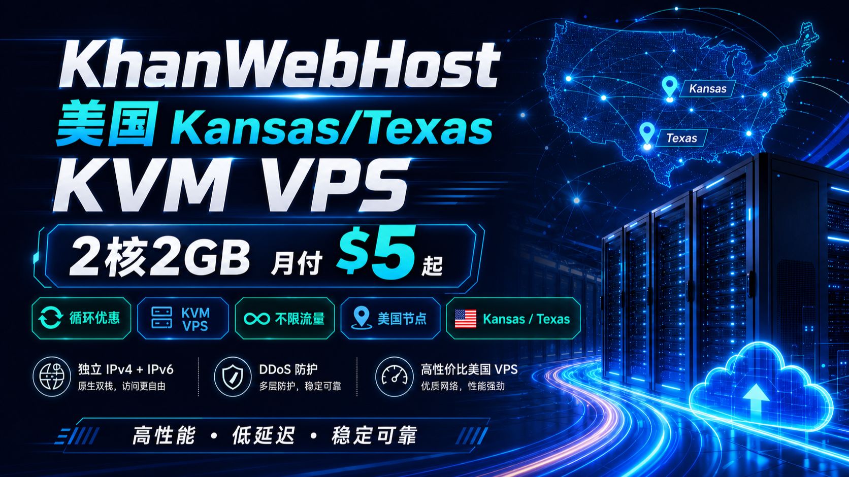 循环优惠不限流量!KhanWebHost 美国 VPS 测评:2 核 2G $5 / 月 Kansas/Texas