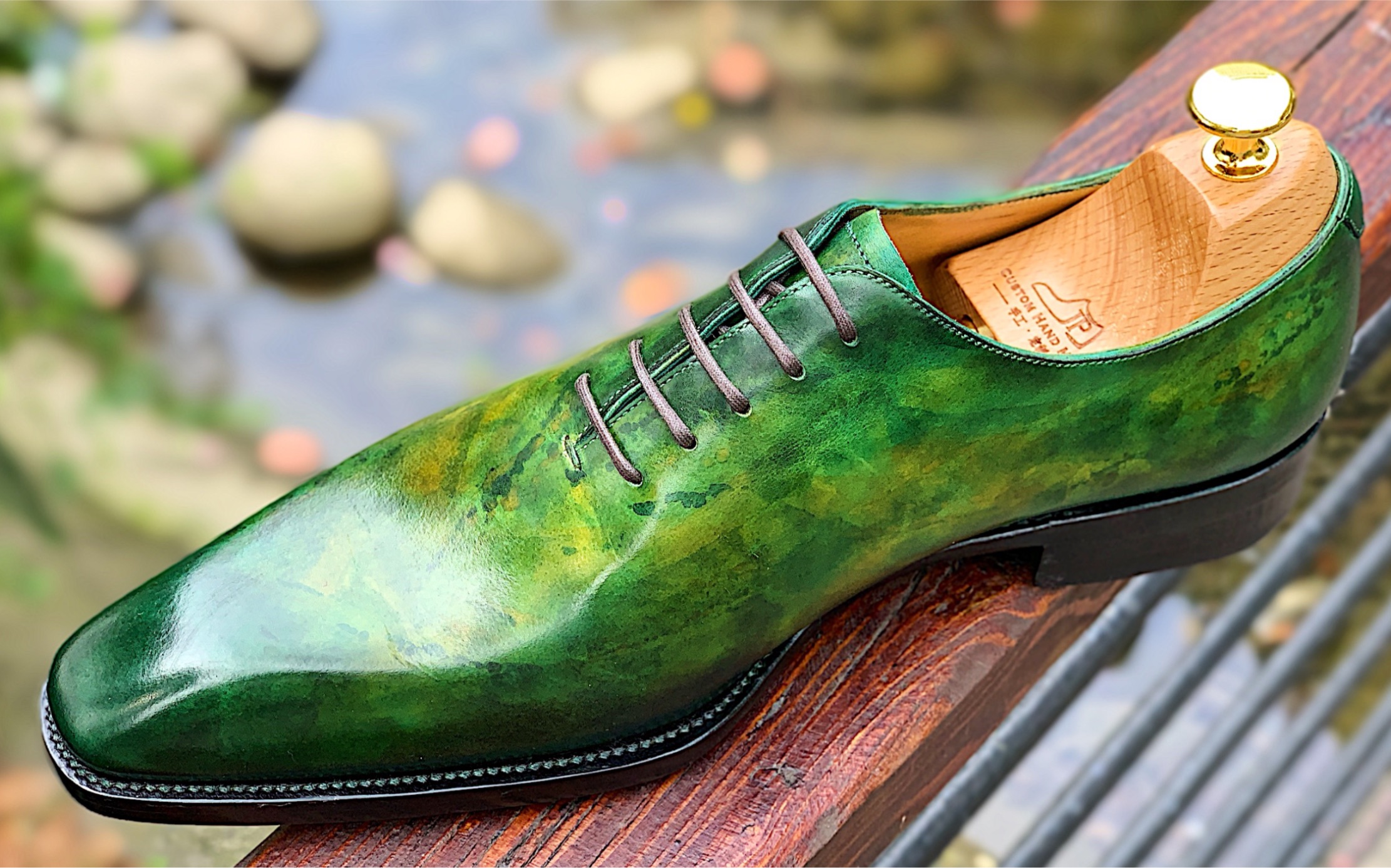 手工定制皮鞋手绘上色莫奈花园