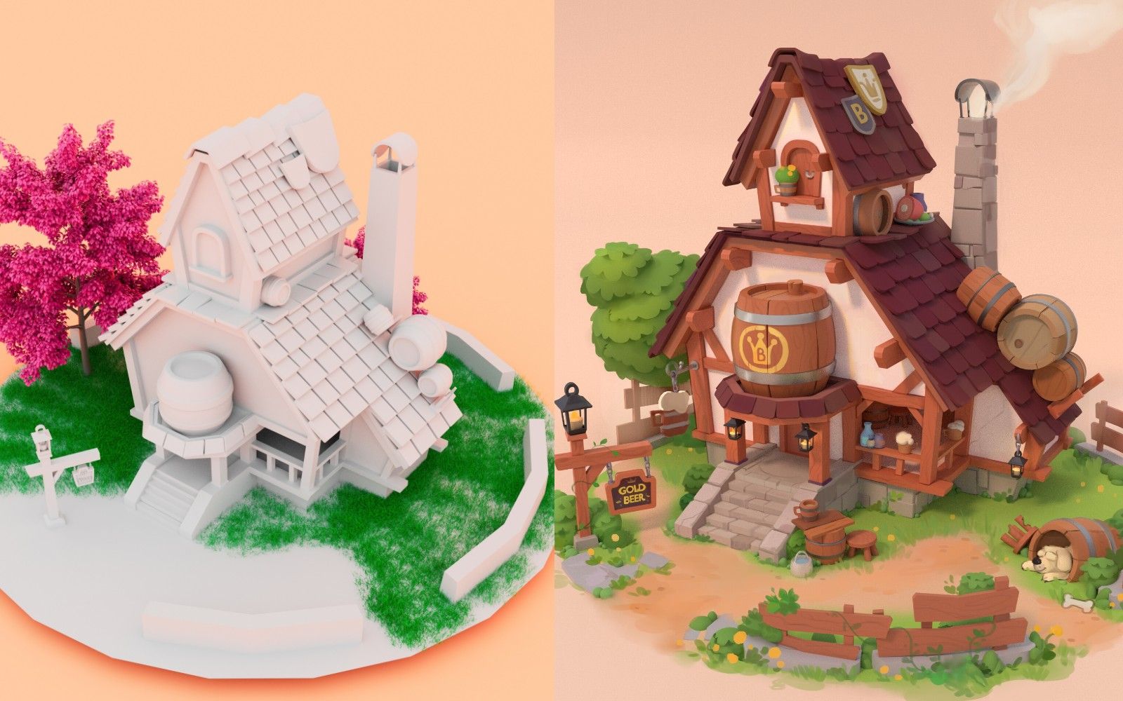 【maya场景建模】治愈系动漫卡通场景制作,maya零基础建模教学