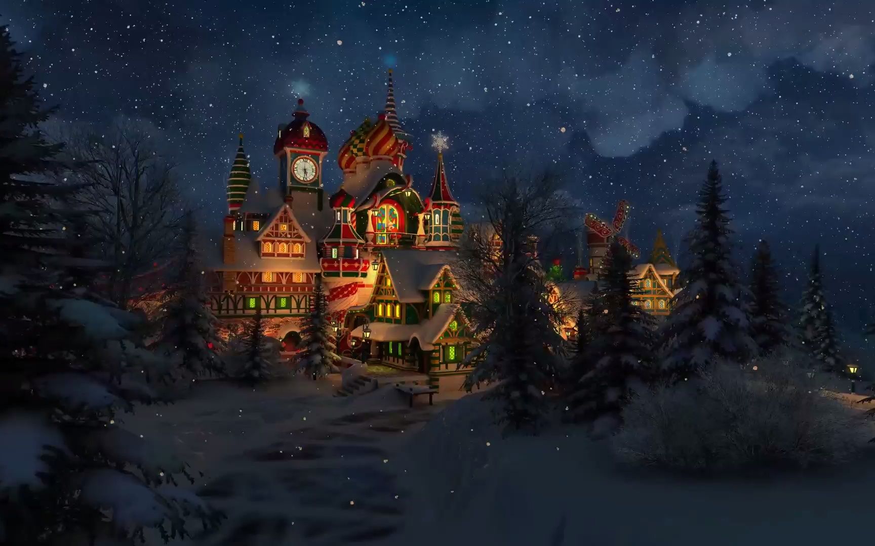 e579 2k超高清画质唯美冬天雪景下雪雪花飘落圣诞老人圣诞树平安夜