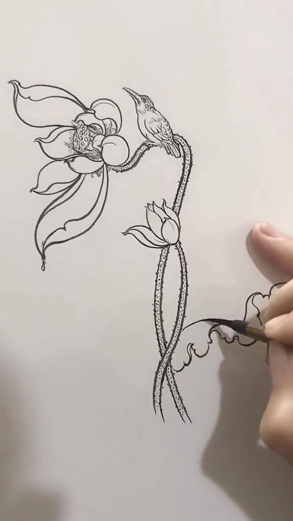 手绘翡翠玉雕设计荷花小鸟图画法步骤