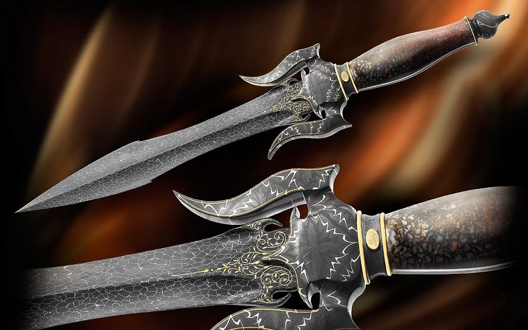 奢侈华丽的恐龙骨化石手柄星云纹大马士革短剑