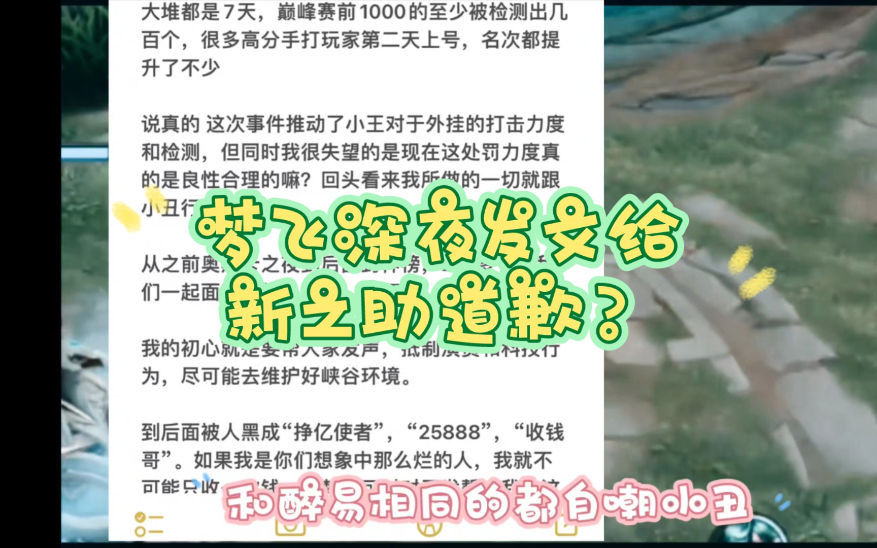 梦飞深夜发文说自己是小丑和对王者官方的不满(跟醉易一样但没给新之助道歉)网络游戏热门视频