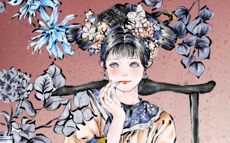 满族//五十六个民族插画//这次画个细致的水墨风!