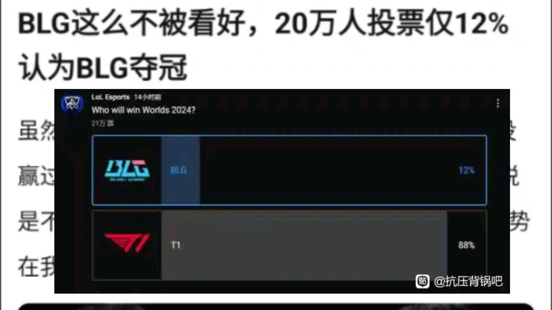 LOL官媒爆了!官方YouTube频道发布投票,20万人参与,仅有12%认为BLG会夺冠!抗吧热议网络游戏热门视频