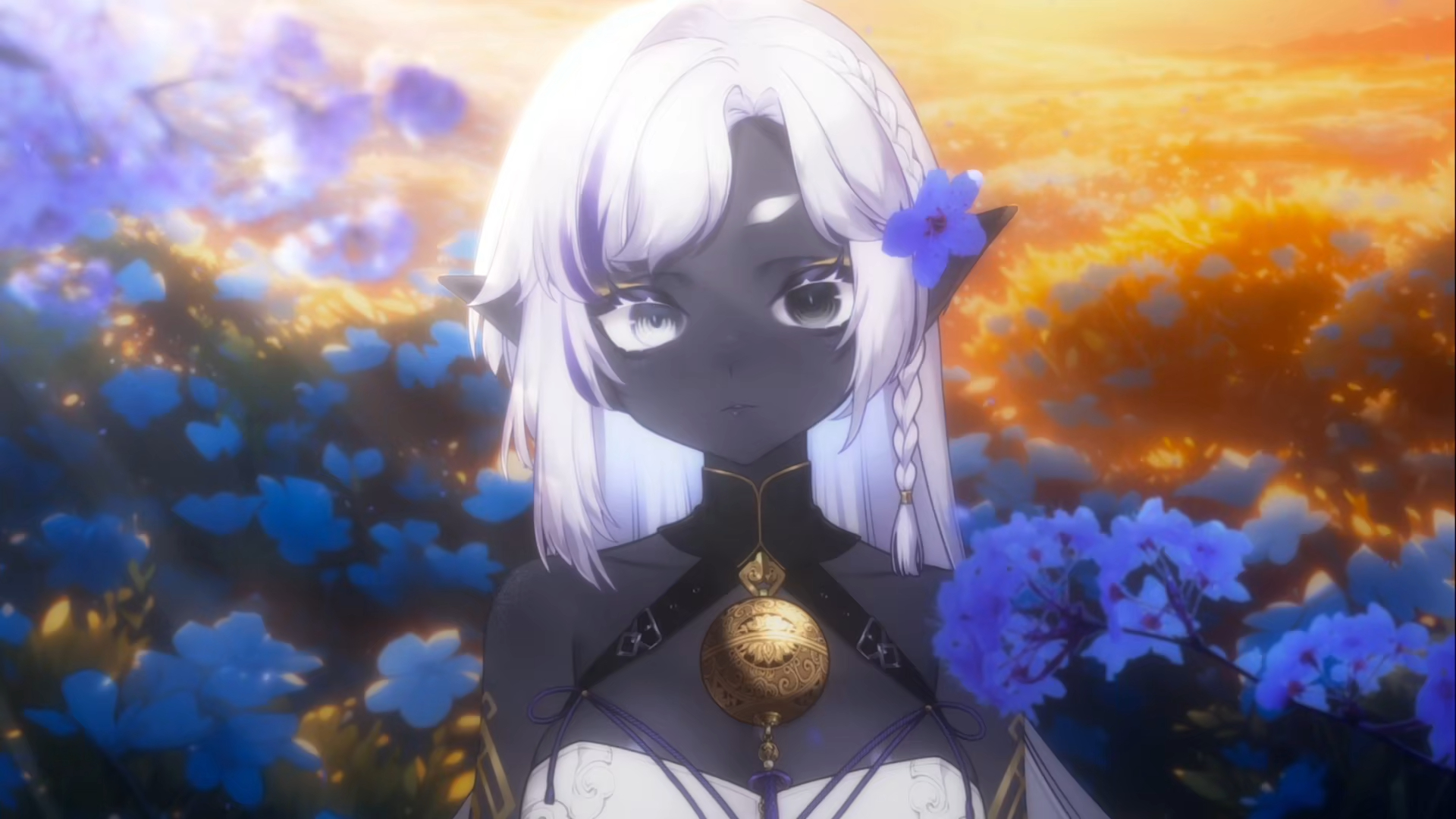 【壁纸自用】花田 黑皮 长发 露肩铃铛 阳光 倒放可循环