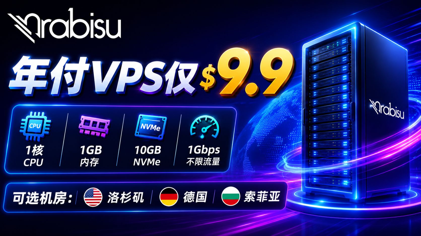 Rabisu年付VPS仅$9.9:1核1GB内存+10GB NVMe+1Gbps不限流量,可选洛杉矶/德国/索菲亚机房