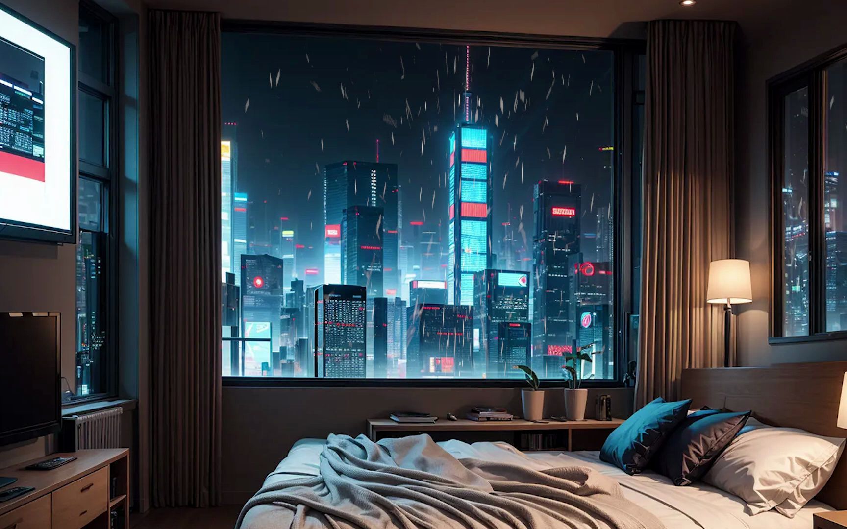 温馨卧室4k高清下雨声大雨交加 安静睡眠 心情安静 催眠 放松心情