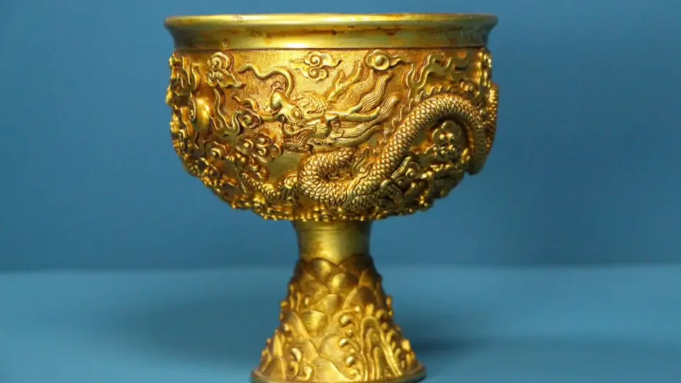古董古玩手工打造铜鎏金高浮雕錾刻盘龙杯_哔哩哔哩_bilibili
