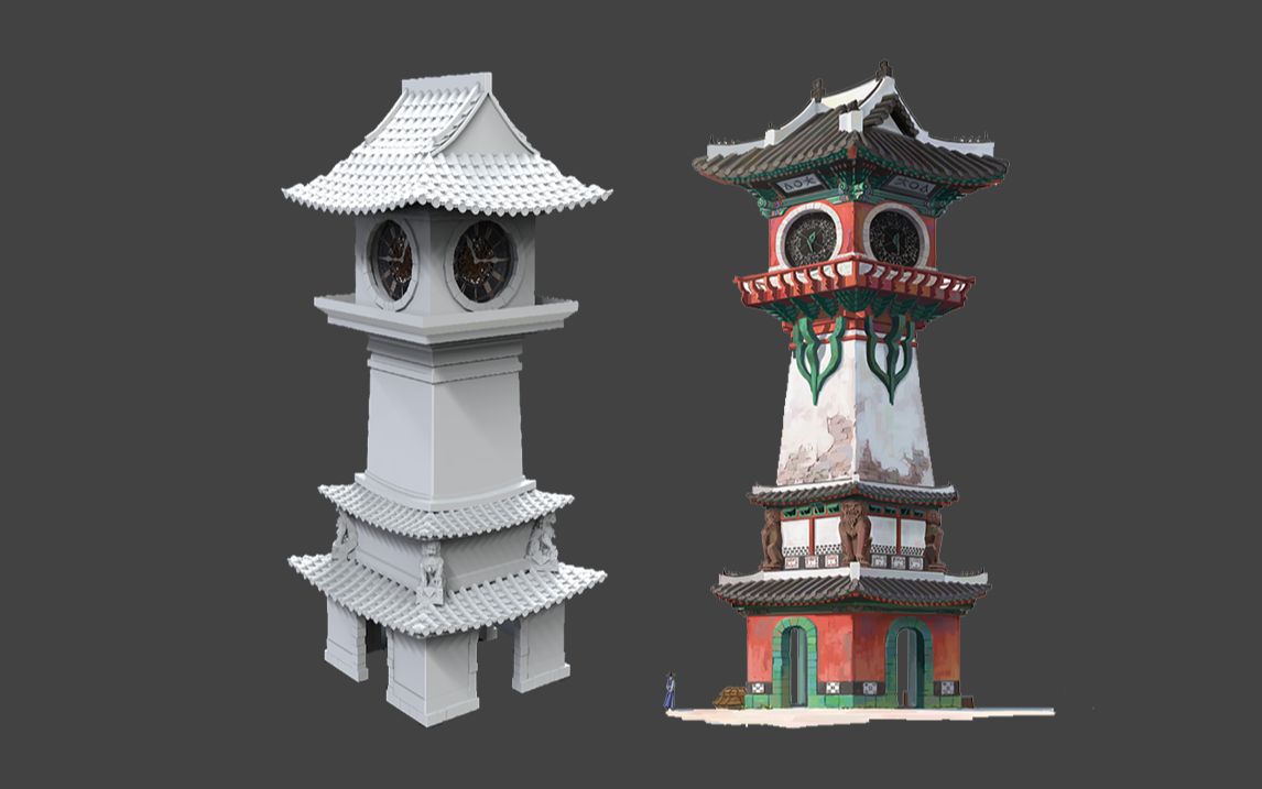 3dmax游戏古风钟楼建筑场景建模,零基础布线思路 光速掌握模型制作